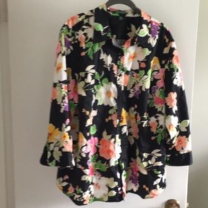 LAUREN RALPH LAUREN| FLORAL 3/4 SLEEVE BUTTON DOWN Plus